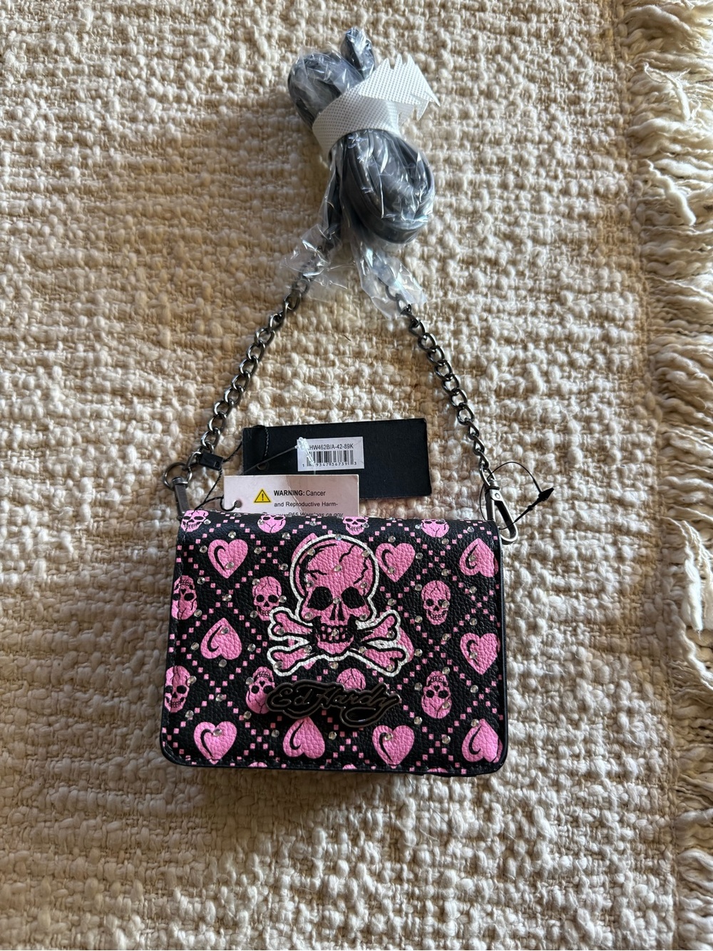 Ed Hardy Black Pink Skulls Crossbody Chain Wallet Rhinestone